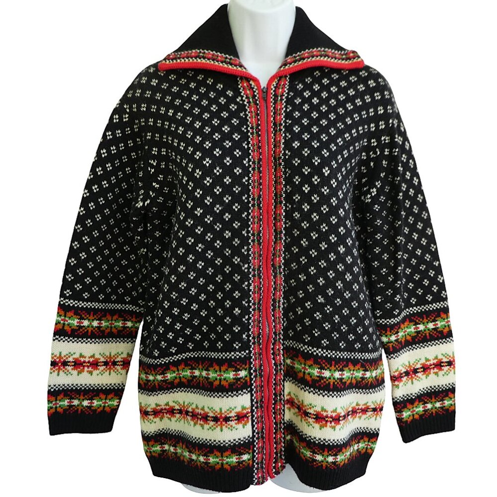 LaMBSWooL Vintage 90s Jones Wear Petite Full Zip Fair Isle Border Birdseye
